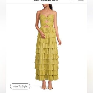 Gianni Bini Grace Metallic Plisse Sweetheart Neck Cut-Out Tiered Dress